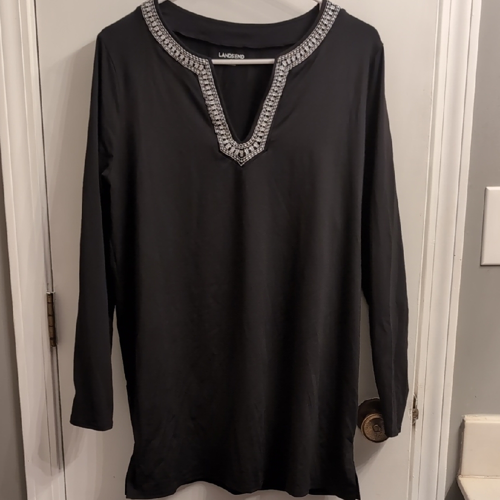 Lands' End Black Tunic Nylon Swim Embroidered Top Size Large 12/14